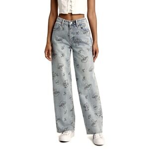 PTCL Ethical Clothing Mushroom Print Jeans Light Wash Straight Leg Goblincore 27